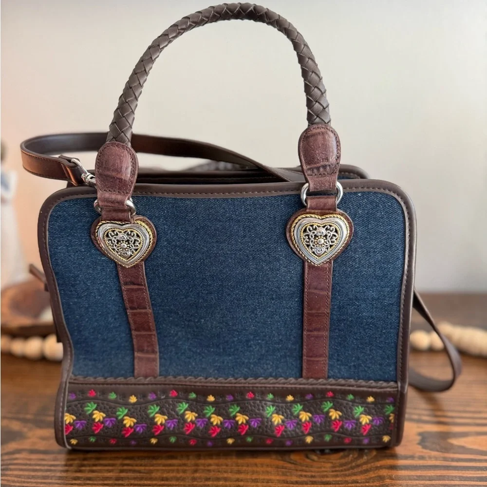 Vintage Denim Embroidered Mini Satchel Crossbody Bag Boho Western Purse Granny